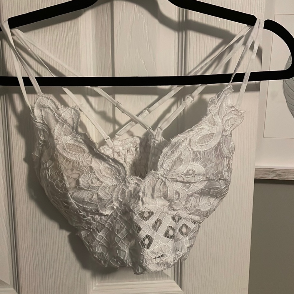 Lace bralette top with criss cross back in white